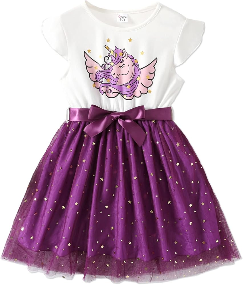 PATPAT Little Big Girl Dresses Short Sleeves Casual Birthday Dress with Star Print Tutu Skirt