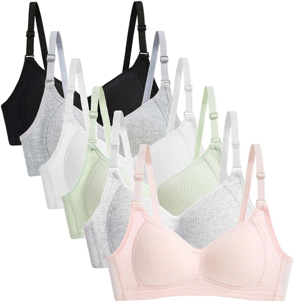 Teen Girls Training Bra Cotton Wire Free Adjustable Straps Breathable Bras 6 Pack