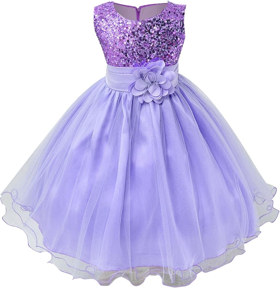 Girls' Dress Spring/Summer Solid Color Sleeveless Sequins Flower Mesh Dress Party Birthday Kids