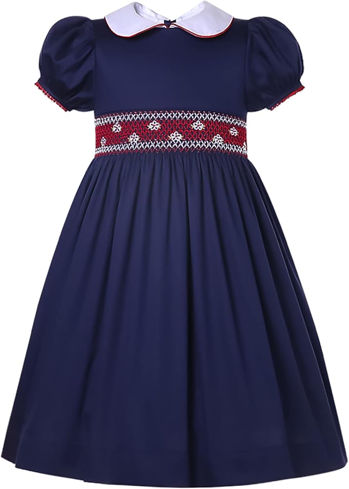 Girls Toddler Navy Embroidery Bubble Sleeve Summer Casual Smocked Dress Clothing Size 2 3 4 5 6 8 10 12