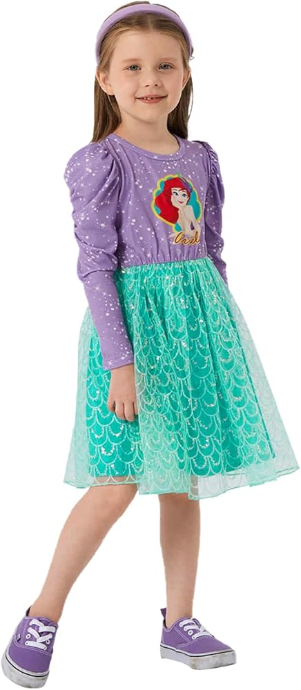 Disney Princess Toddler Girl Dress, Little Mermaid Ariel Long Sleeve Green Mesh Tutu Dress 3-8 Years