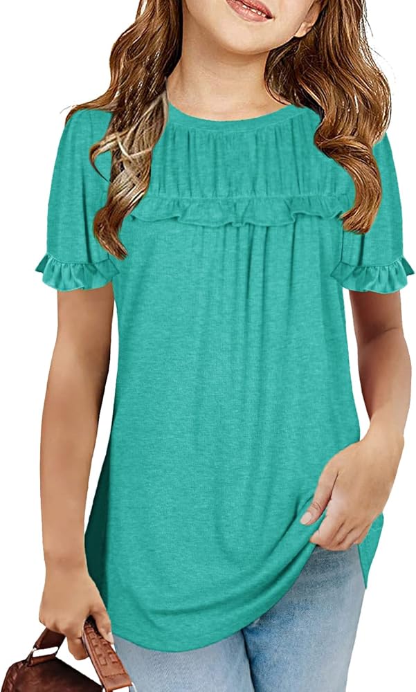 Haloumoning Girls Cute Short Sleeve Tunic Tops Casual Loose Ruffle T Shirts Kids Summer Soft Blouses Size 4-15 Years