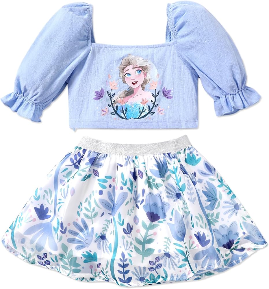 Disney Frozen Toddler Girls Dress Set, Elsa Anna Lantern Sleeve Flower Outfits 2Pcs 2-6 Years