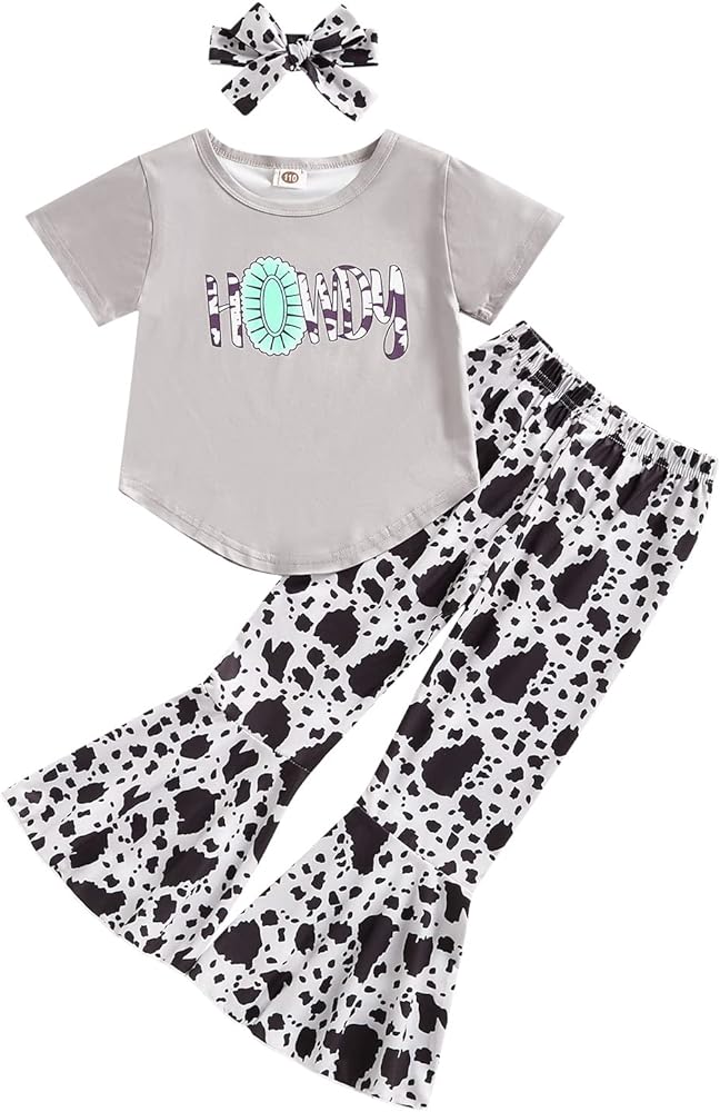 Emmababy Toddler Western Bell Bottom Outfits Girls Kids Short Sleeve Cow Print Irregular Hem Tunic Top Stripe Flare Pants Set