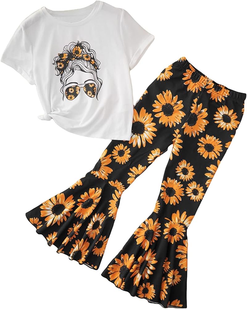 WDIRARA Girl's 2 Piece Outfit Floral Print Graphic Short Sleeve Tee Figure Graphic and Bell Bottom Flare Leg Pants Set