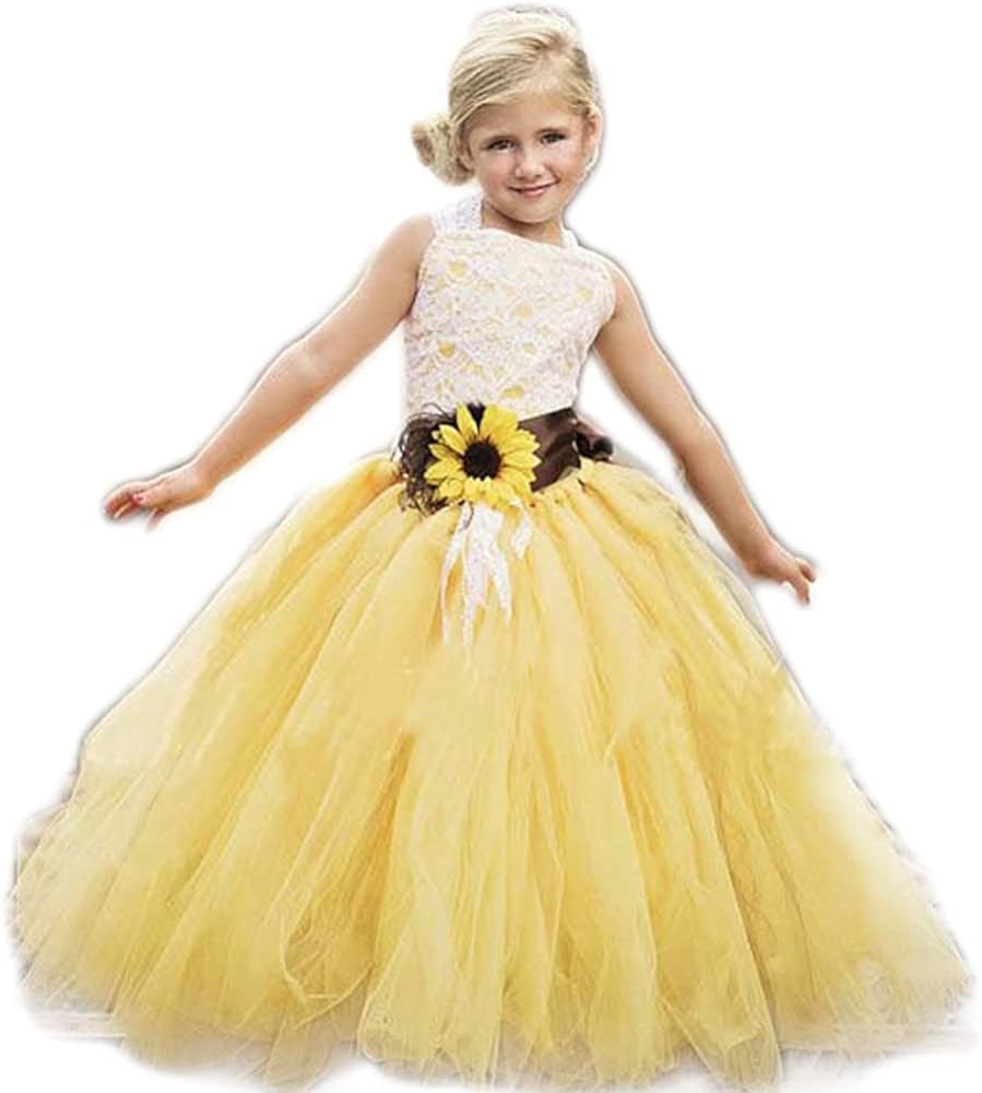 Summer Yellow Tutu Tulle with Sunflower Belt Flower Girl Dress for Wedding Party Kids Prom Dress…