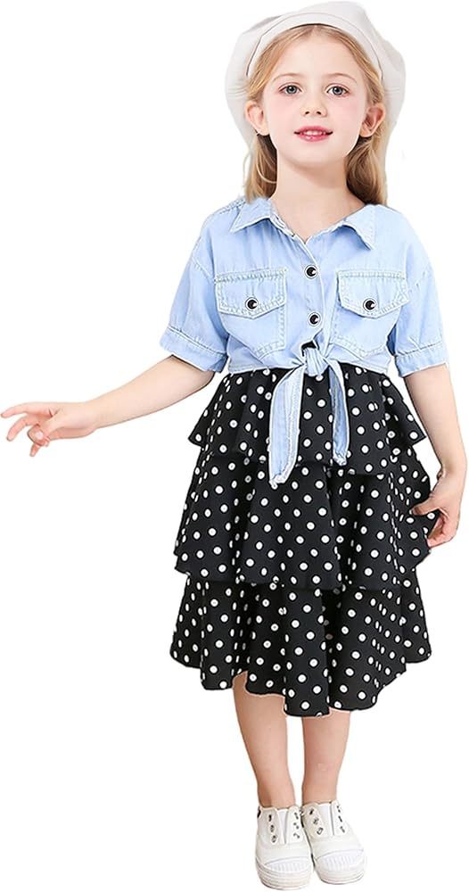 2 Pieces Set Baby Girls' Summer Dots Dress Sleeveless Vest Suspender, Cotton Cardigan Black/4T