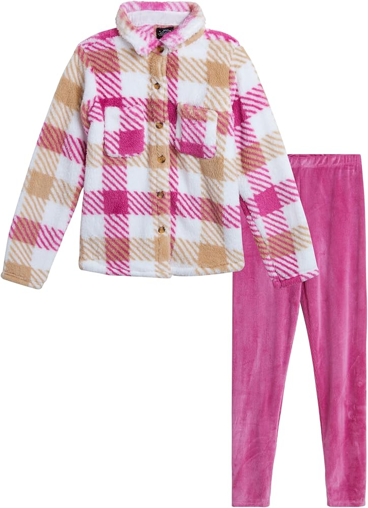 Girls' Leggings Set - 2 Piece Cozy Sherpa Fleece Shacket and Leggings - Shirt Jacket and Pants Set for Girls, 4-12