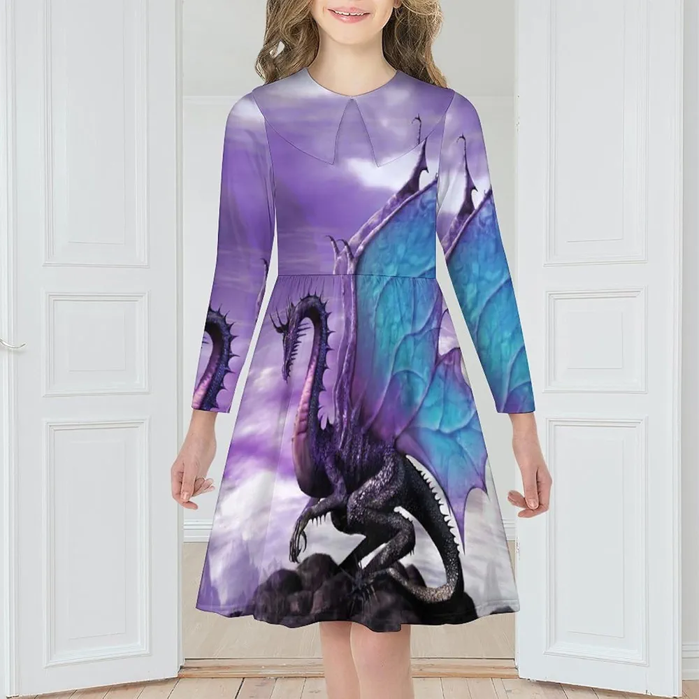 Fantasy Dragon Purple Girls Dress Long Sleeve Short Dress Swing Casual Party Dresses