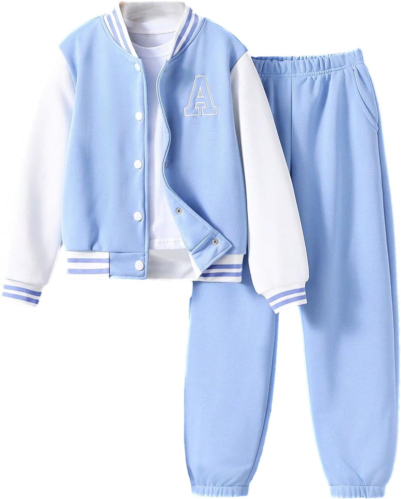 Floerns Girls 2 Piece Outfit Letter Patched Long Sleeve Bomber Jackets and Sweatpants Set