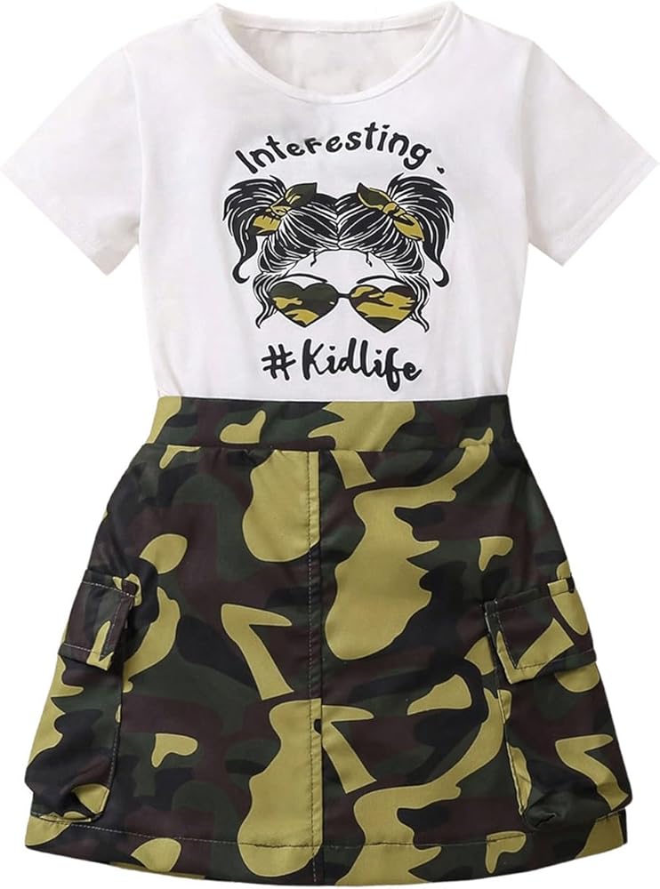 WDIRARA Girl's 2 Piece Outfits Letter Graphic Print Short Sleeve T-Shirt and Camo Print Cargo Skirt Set