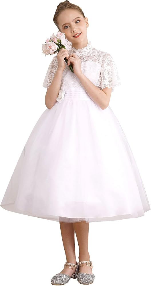 YiZYiF Girl Princess Crochet Lace A-Line Tulle Tutu Flower Girl Dress Vintage First Communion Dresses