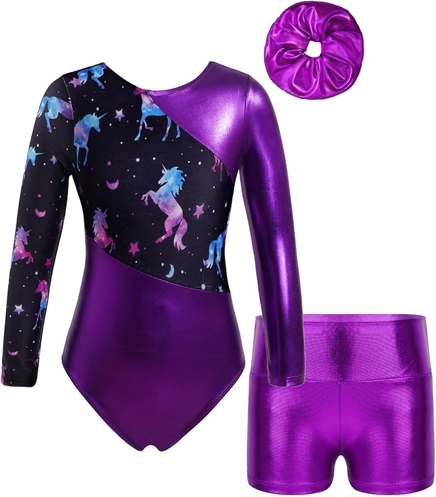 YiZYiF Kids Girls Long Sleeve Ballet Dance Leotard with Athletic Shorts Hair Band Set Gymnastic Ice Skating Dancewear