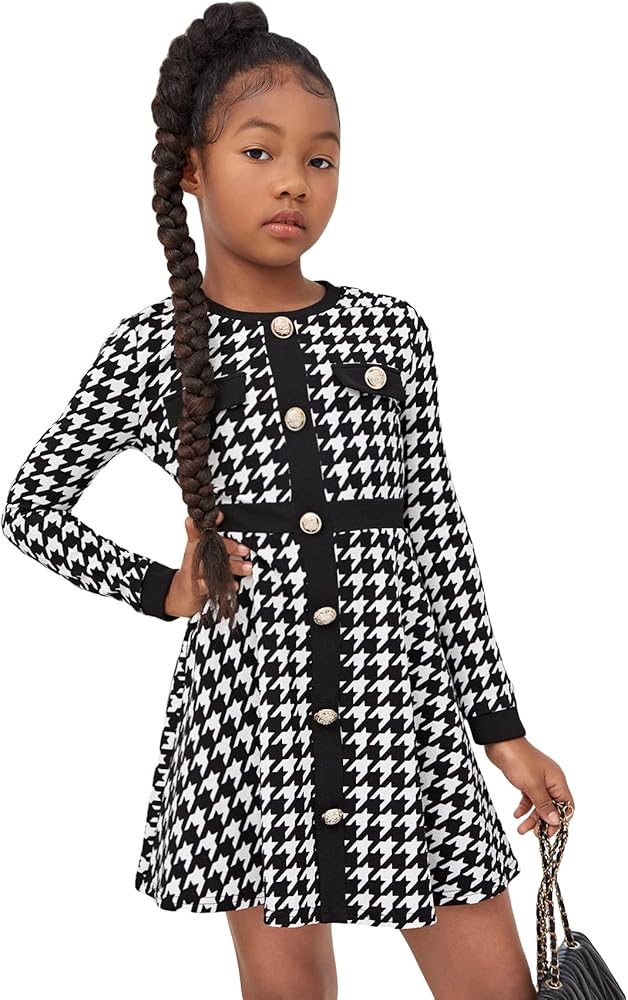 WDIRARA Girl's Houndstooth Print Button Front Long Sleeve Flare Hem A Line Short Dress