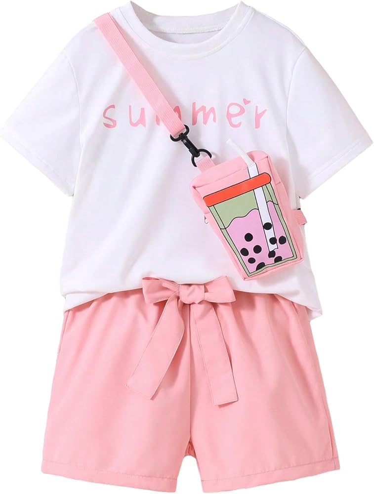 WDIRARA Girl's 3 Pieces Outfits Letter Graphic Print Short Sleeve Tee with Bow Shorts and Bag Set