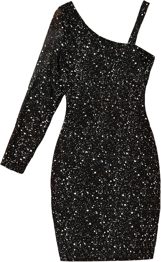 WDIRARA Girl's One Shoulder Contrast Sequin Glitter Midi Pencil Dress Asymmetrical Neck Solid Bodycon Dresses