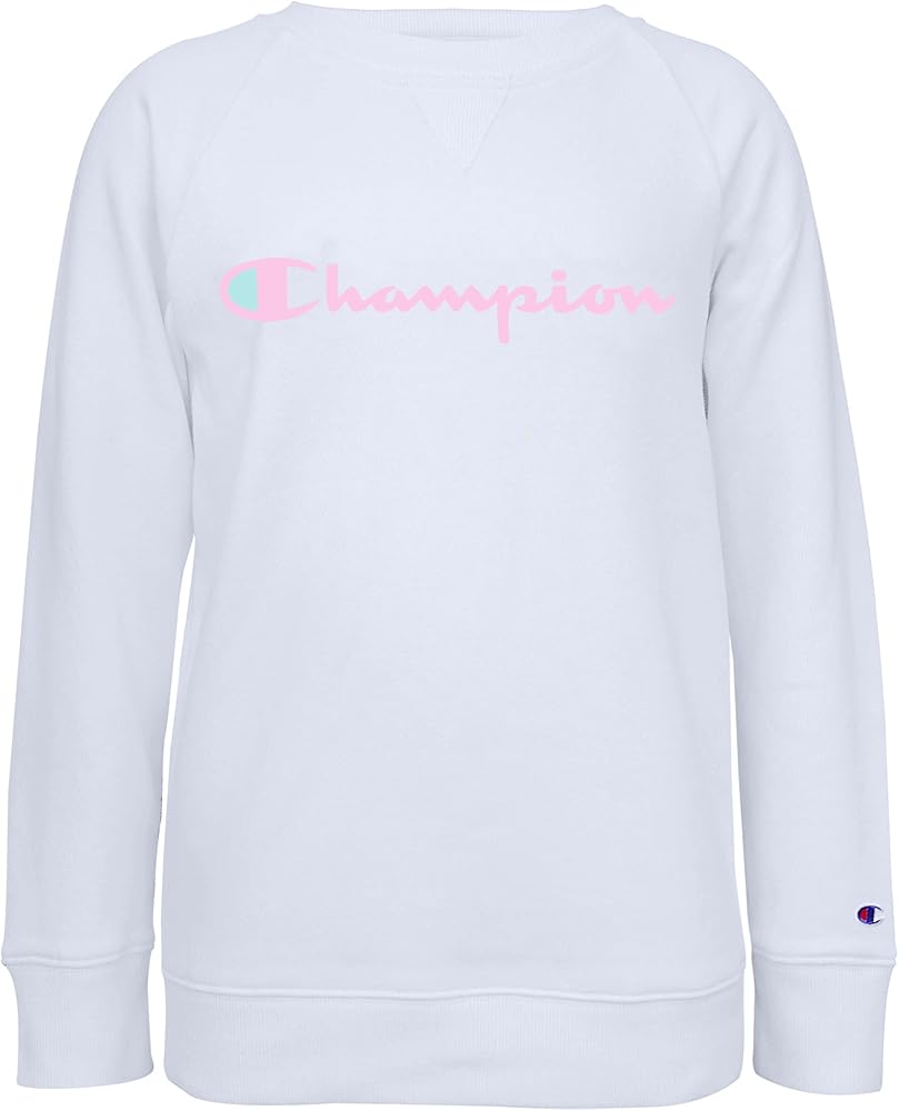 Champion Heritage Girls Classic Fleece Pullover Crewneck Sweatshirt Kids Clothes (Small, Collage Blue/Pink Script)