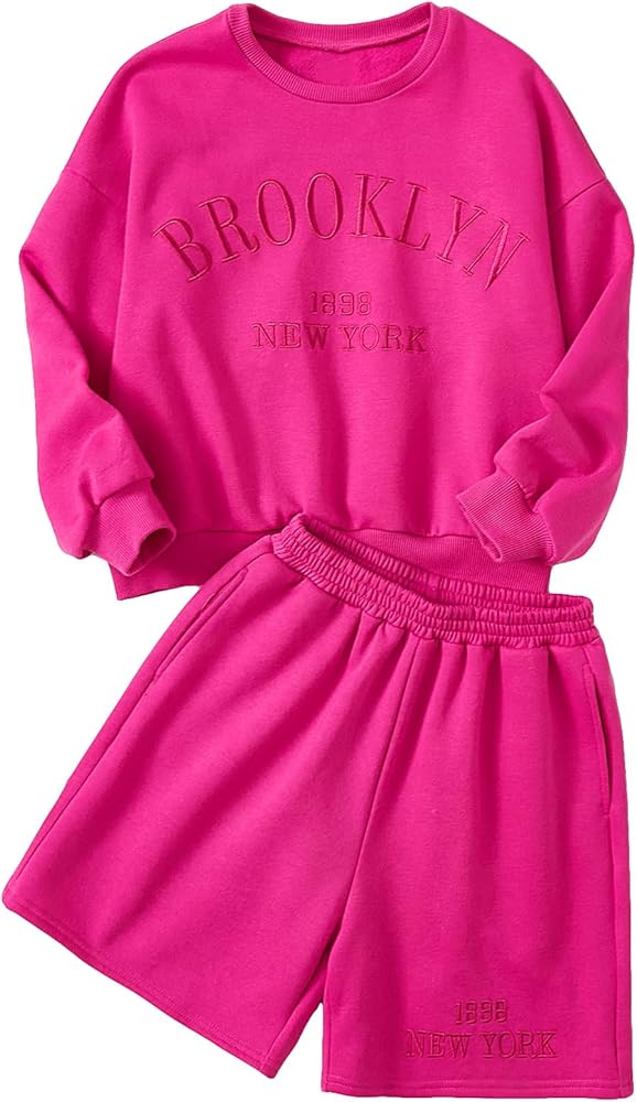 SweatyRocks Girl's 2 Piece Letter Graphic Round Neck Drop Shoulder Long Sleeve Sweatshirt and Track Shorts Sets Hot Pink 8Y