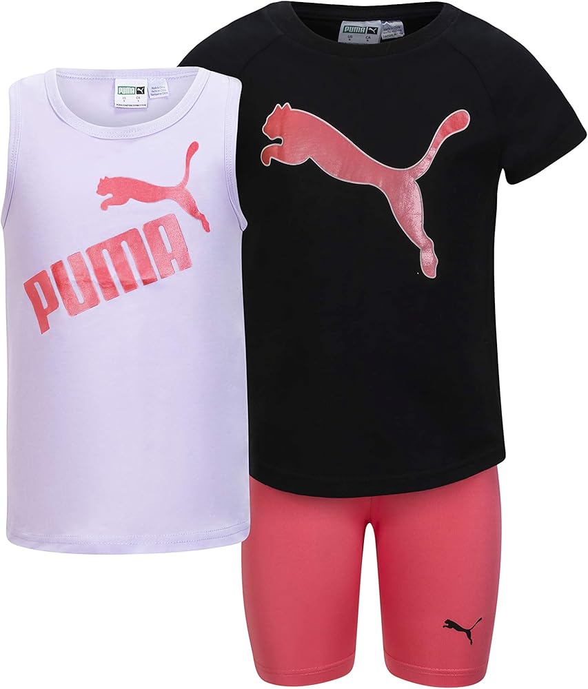 PUMA Girls' 3 Piece Graphic T-Shirt & Spandex Short Set, Black, S