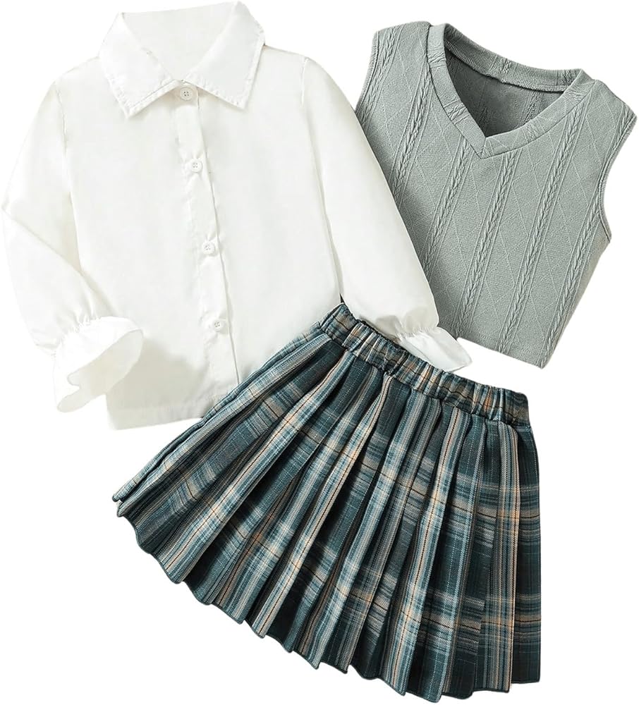 MakeMeChic Girl's 3 Piece Outfits V Neck Vest Top Button Down Shirt and Plaid Pleated Skirt Set