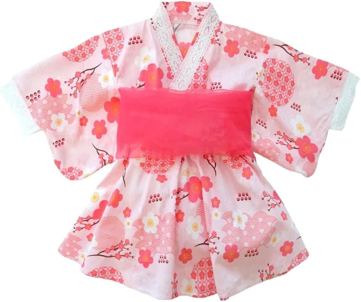 Jinbei Yukata Kids' Clothes Girl's Kimono 2-Piece Set Baby Summer Japanese Cotton Kimono Kimono Hair Decoration 90-130