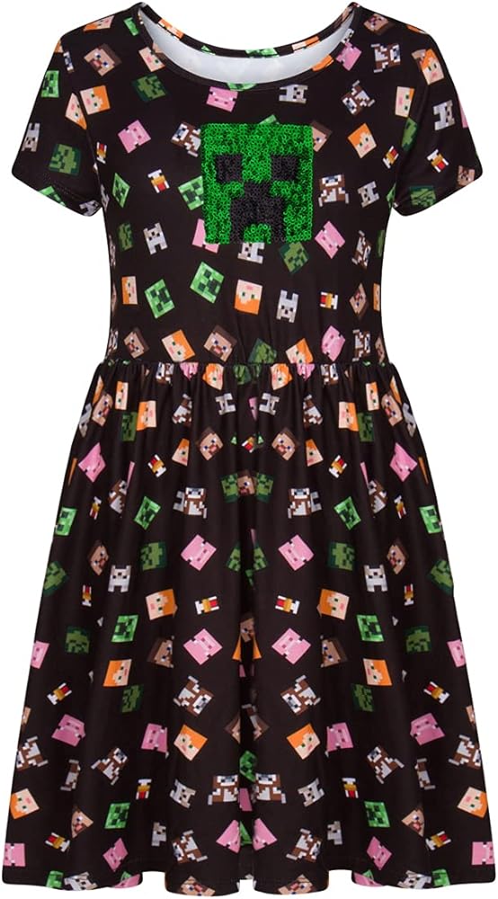 Minecraft Girl's Dress with Creeper Sequins for Little and Big Girls 4-16, Black, Large