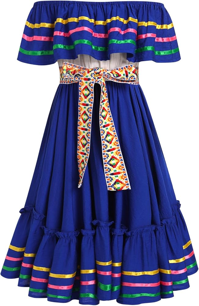 Traditional Mexican Dress for Girls Tie Waist Vestidos Mexicanos para Mujer Cinco de Mayo Dance Cultural Dresses