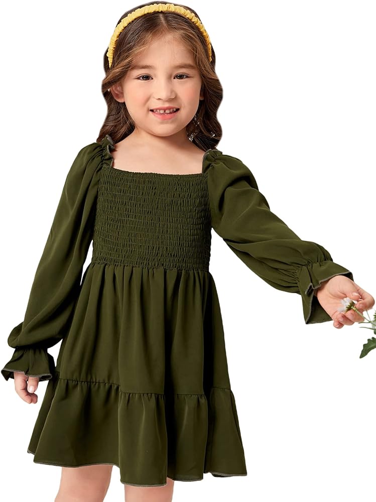 WDIRARA Toddler Girl's Square Neck Flounce Long Sleeve Shirred Ruffle Hem A Line Dress