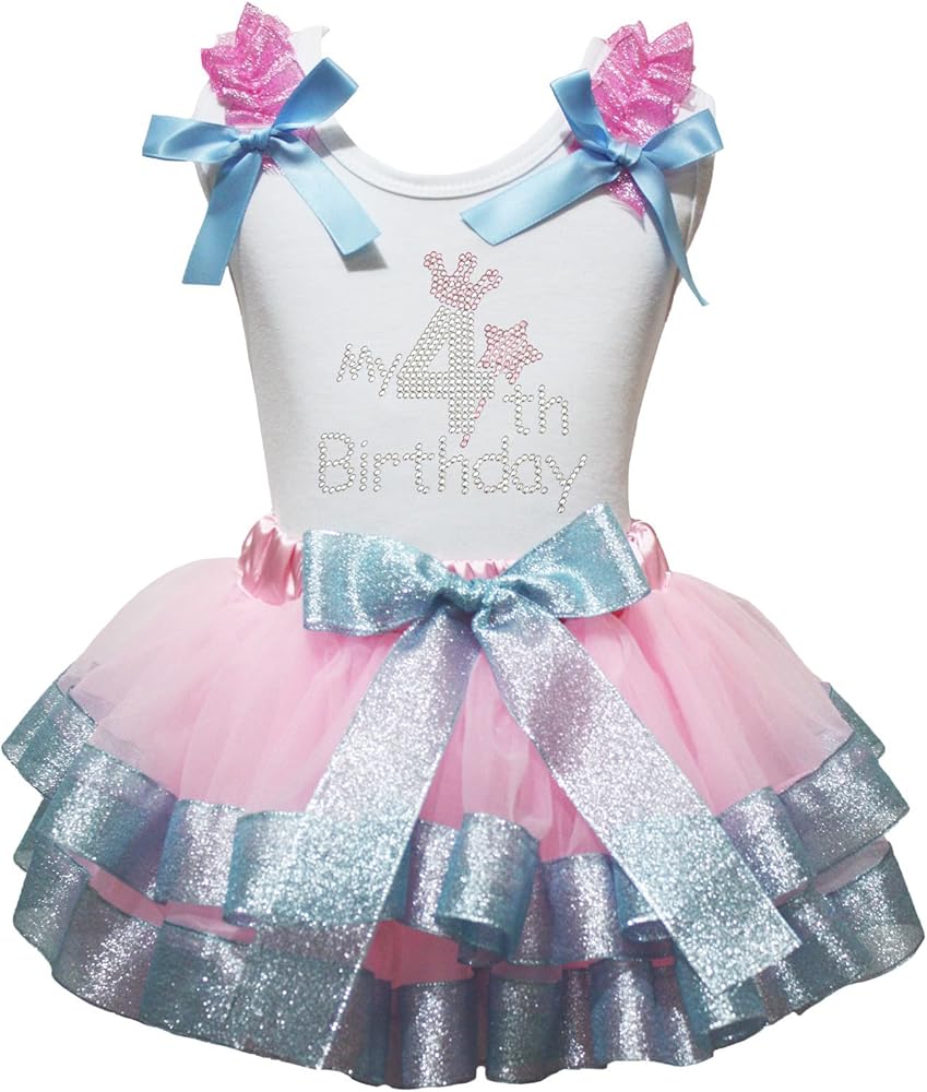 Petitebella Rhinestone My 1st to 6th White Shirt Pink Blue Petal Skirt Set