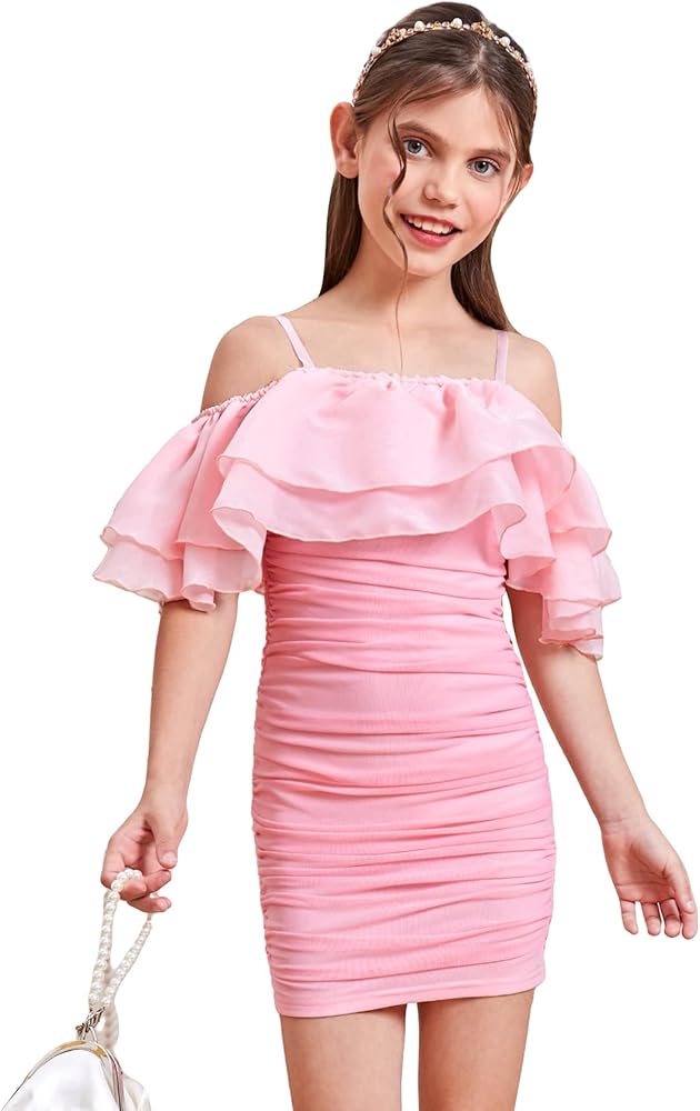 WDIRARA Girl's Cold Shoulder Tiered Layer Ruffle Trim Ruched Mesh Spaghetti Strap Bodycon Dress