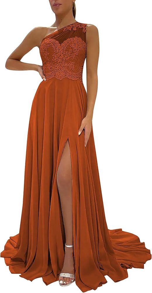 One Shoulder Lace Bridesmaid Dresses Long for Wedding A-Line Chiffon Slit Formal Party Gown with Pockets