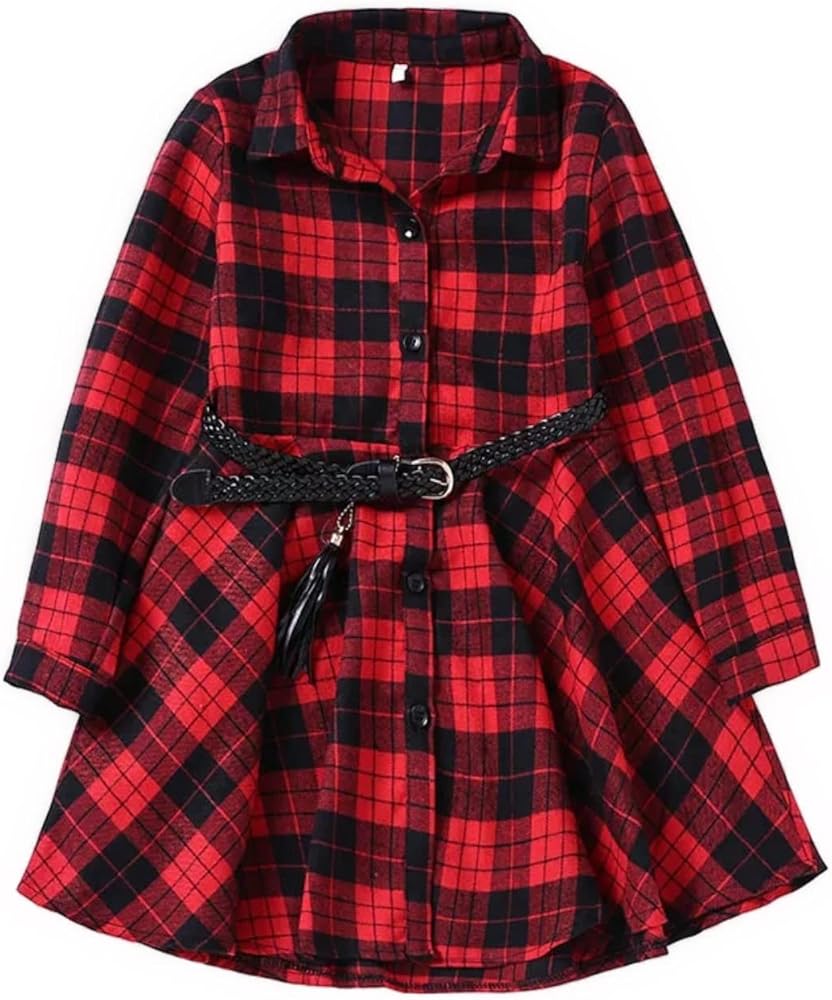 Girls Fashion Plaid Dress Shirt with Sashes (as1, Age, 4_Years, 10_Years, Red, 6-7 yrs)