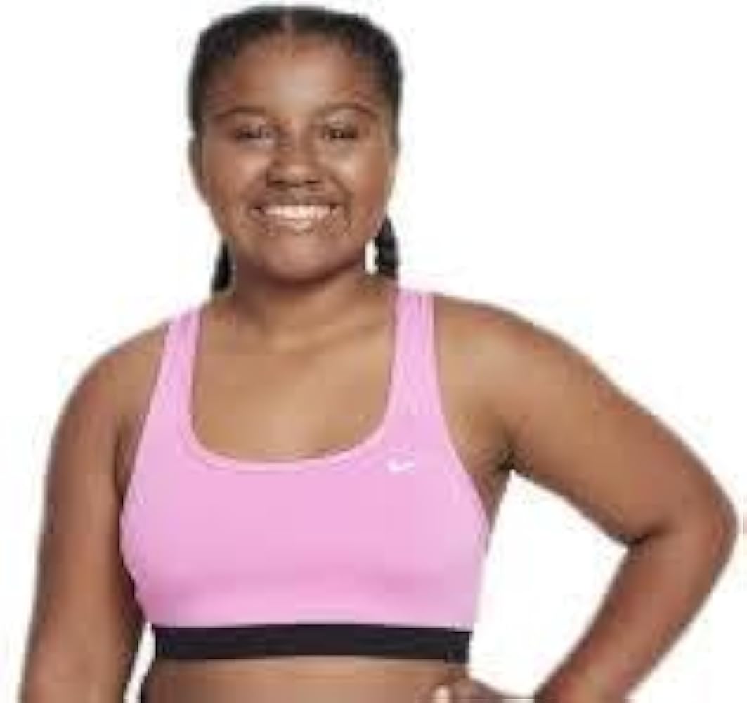 Swoosh Sports Bra Girls Extended Size Small to Large Color Elemental Pink and White (Medium [+])