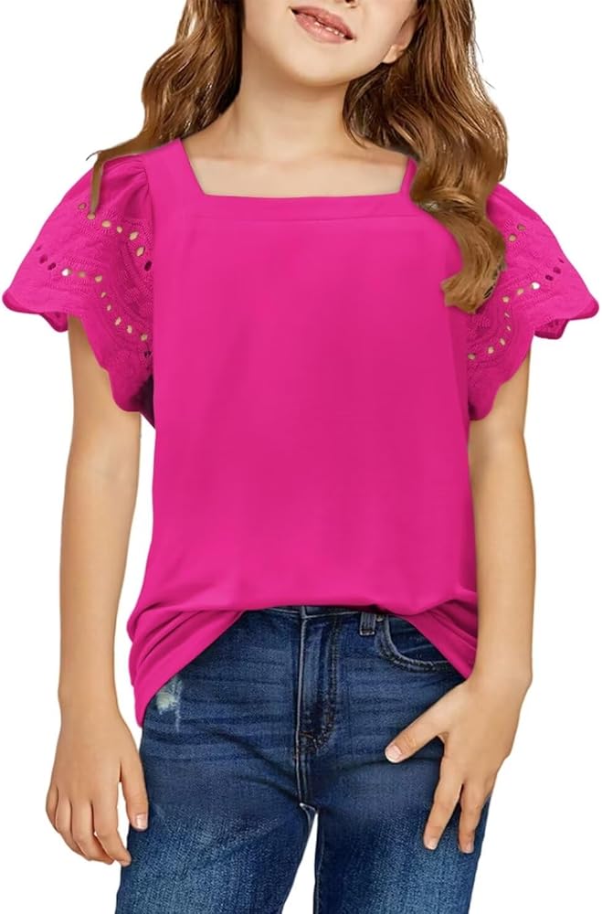 Yoklass Girls Casual Shirts Square Neck Ruffle Sleeve Tops Solid Loose Blouses 5-14 Years