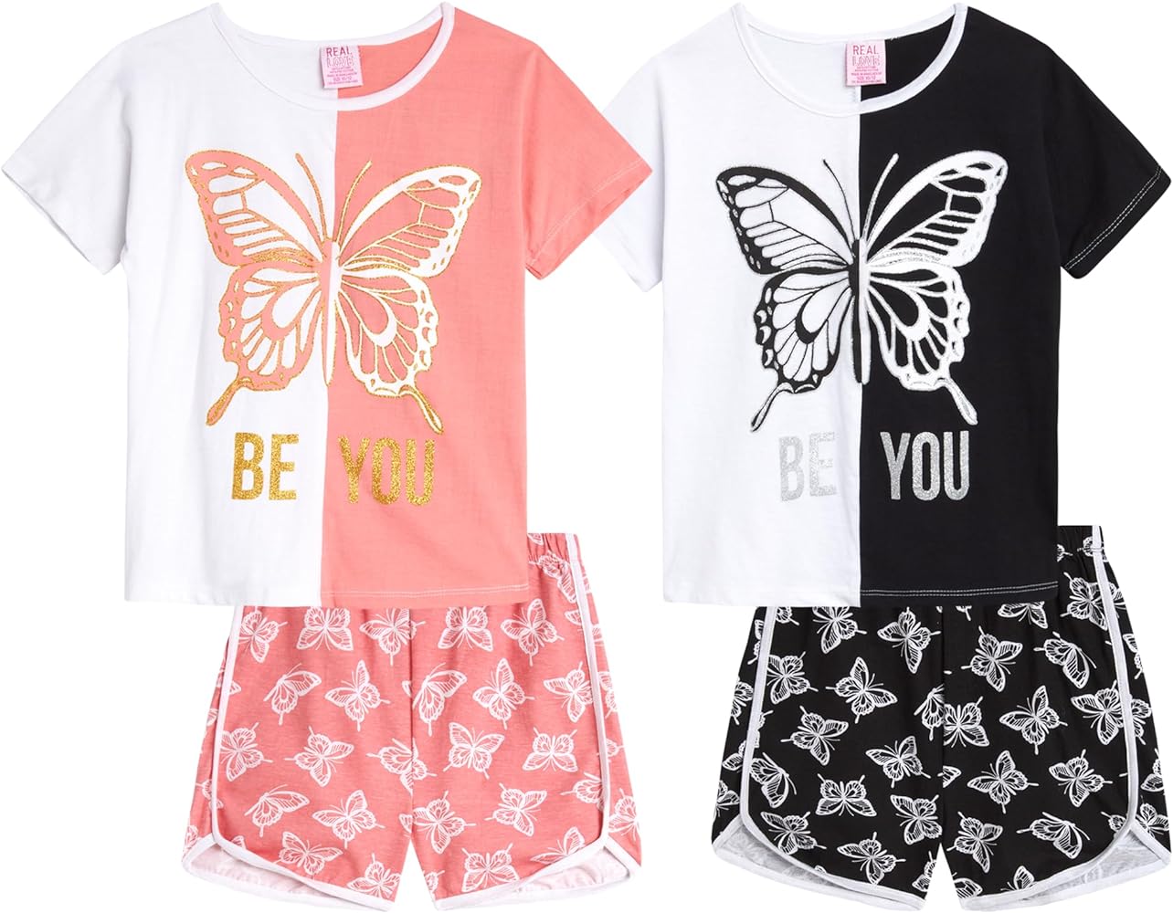 Real Love Girls' Shorts Set - 4 Piece Casual Crewneck Shirt and Shorts (Size: 4-16)