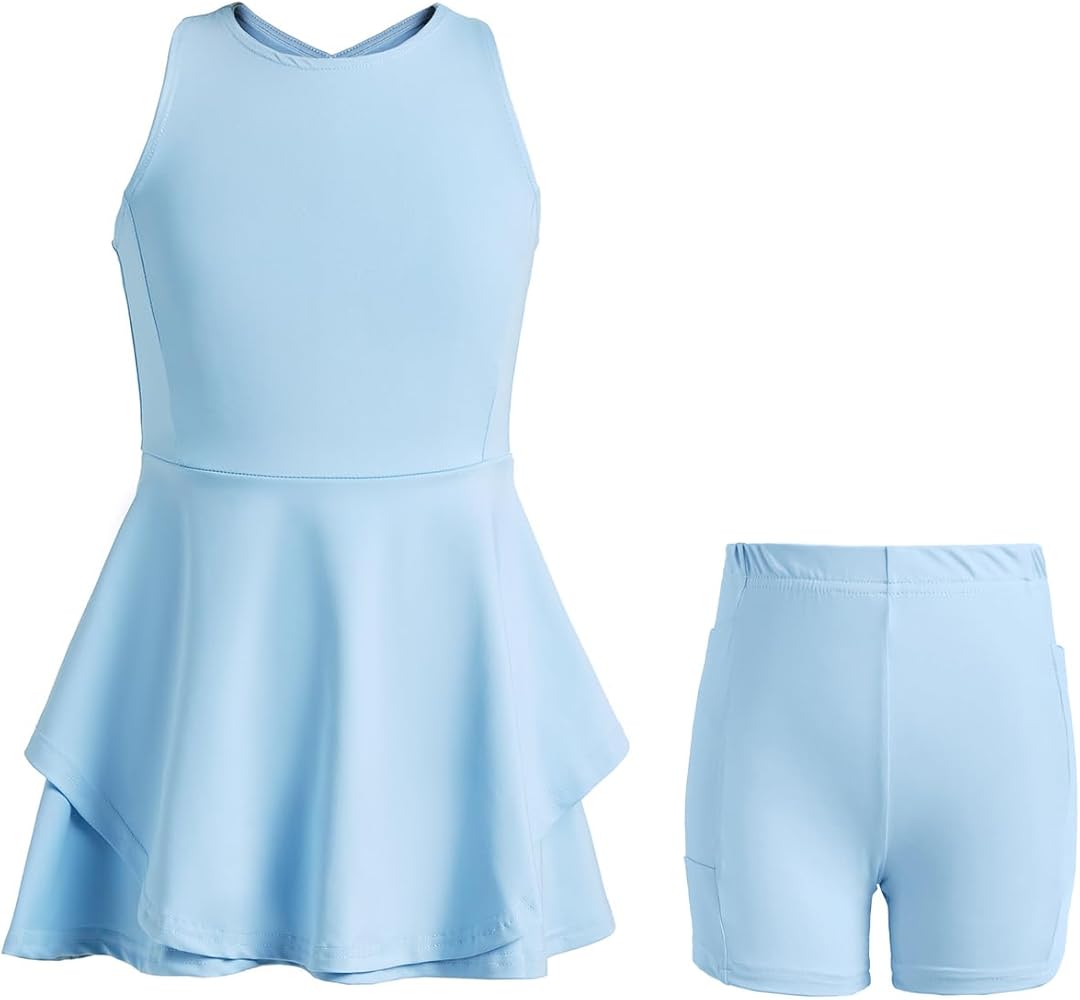 Kids Girls Tennis Golf Dress Outfit Sleeveless Dress with Shorts Pockets 2 Piece Sport Athletic Sets