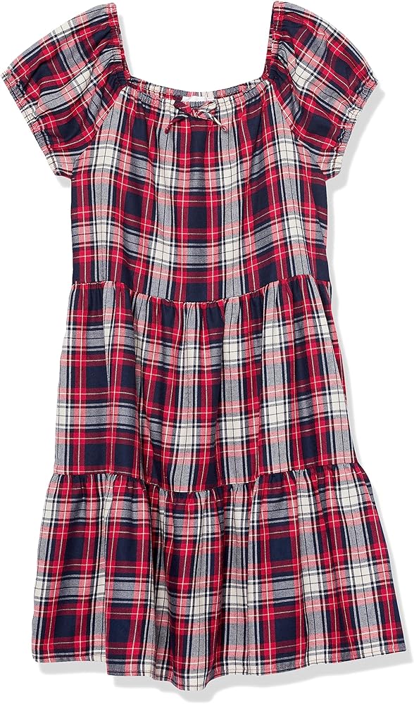 The Children's Place girls Plaid Twill Tiered Short Sleeve Dress