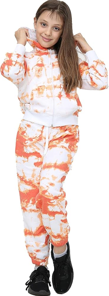 Kids Girls Tracksuit Tie Dye Print Orange Hooded Hoodie & Bottom Jogging Suits