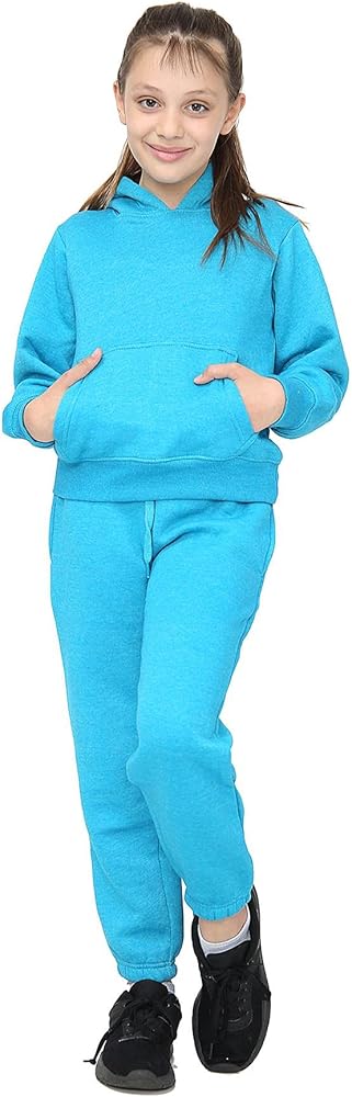 Kids Girls Plain Aqua Hooded Hoodie Tracksuit Jogging Suit Joggers 5-13 Years