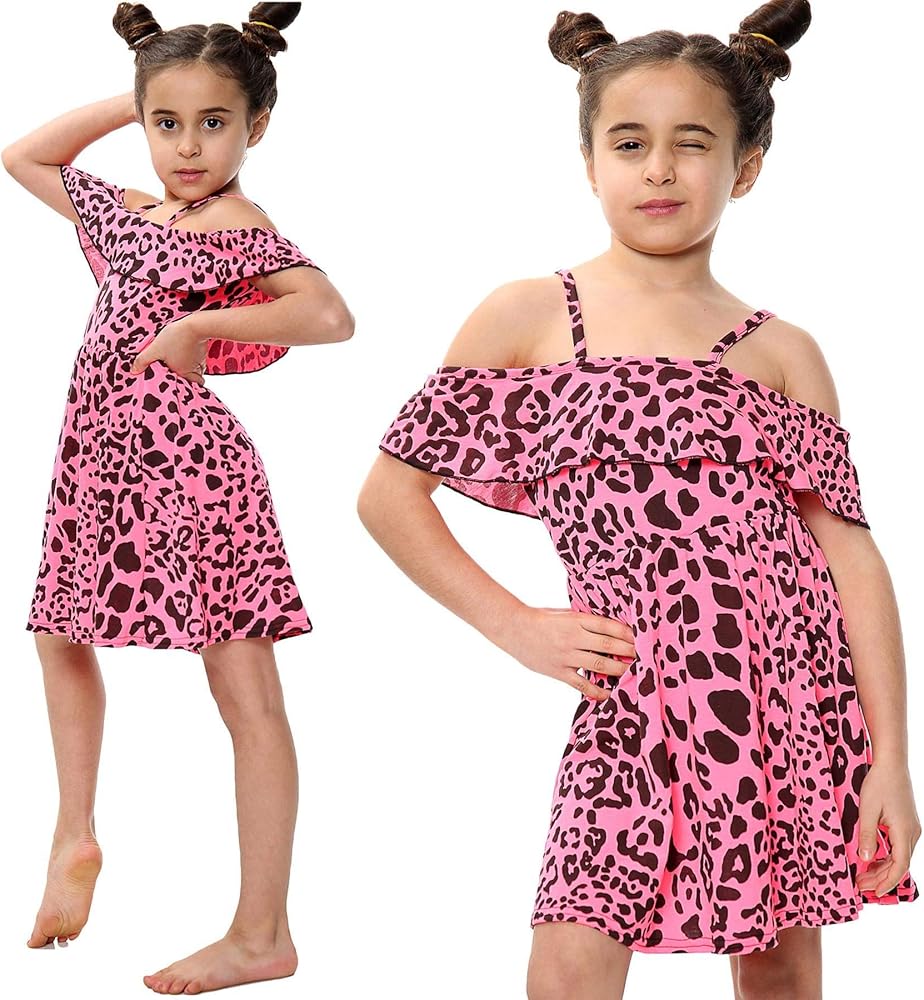 Kids Girls Skater Dress Leopard Print Summer Party Off Shoulder Dress 5-13 Years