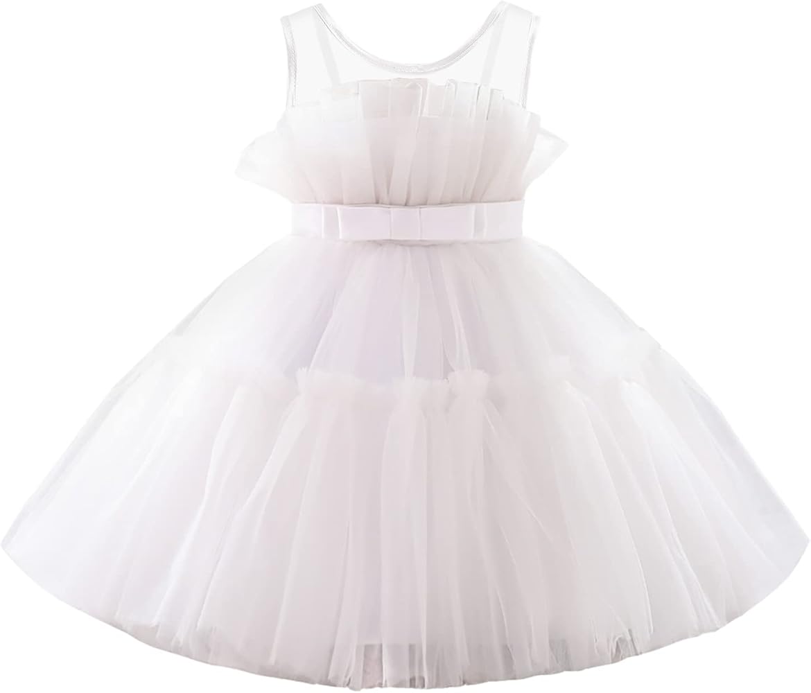 Acecharming Toddler Girl Dress Sleeveless Mesh Bow Ruffle Puffy Tulle Tutu Dress for Girls Party Wedding Pageant Gown (1-12Y)