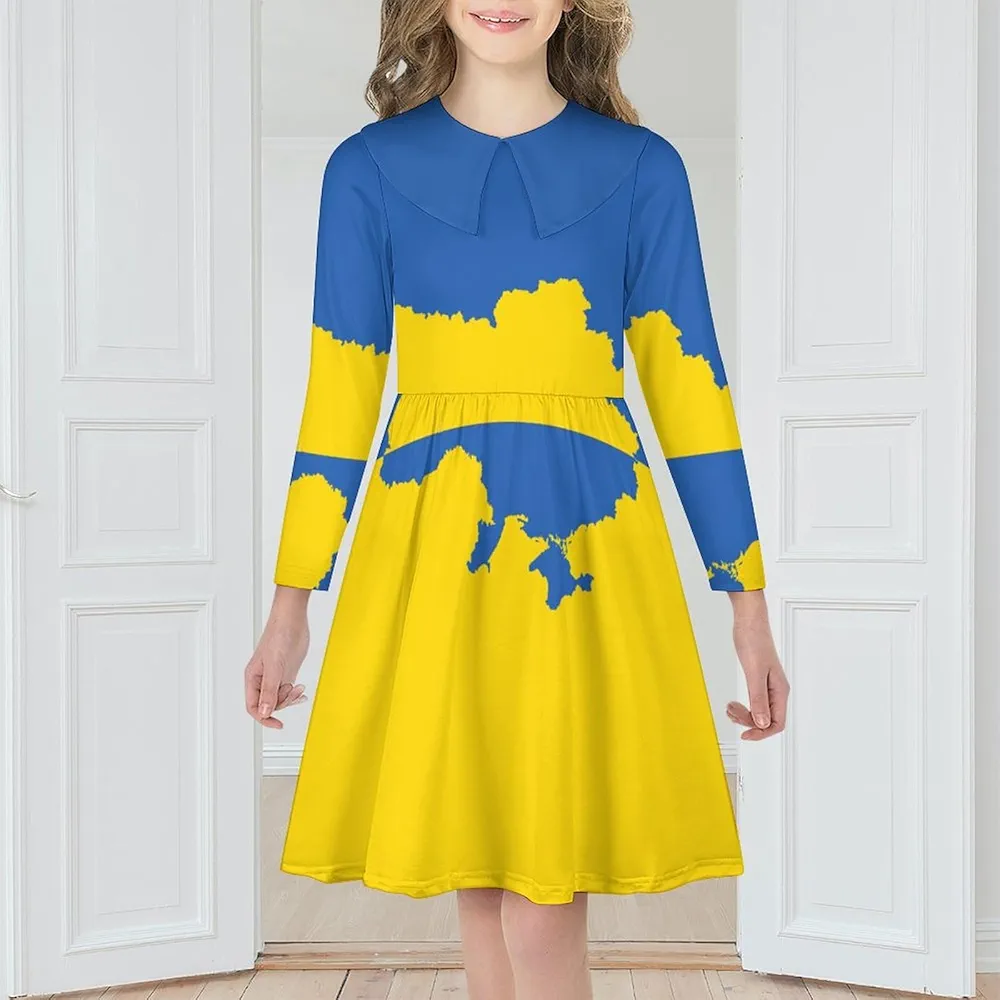 Ukrainian Flag with The Map Girls Dress Long Sleeve Short Dress Swing Casual Party Dresses