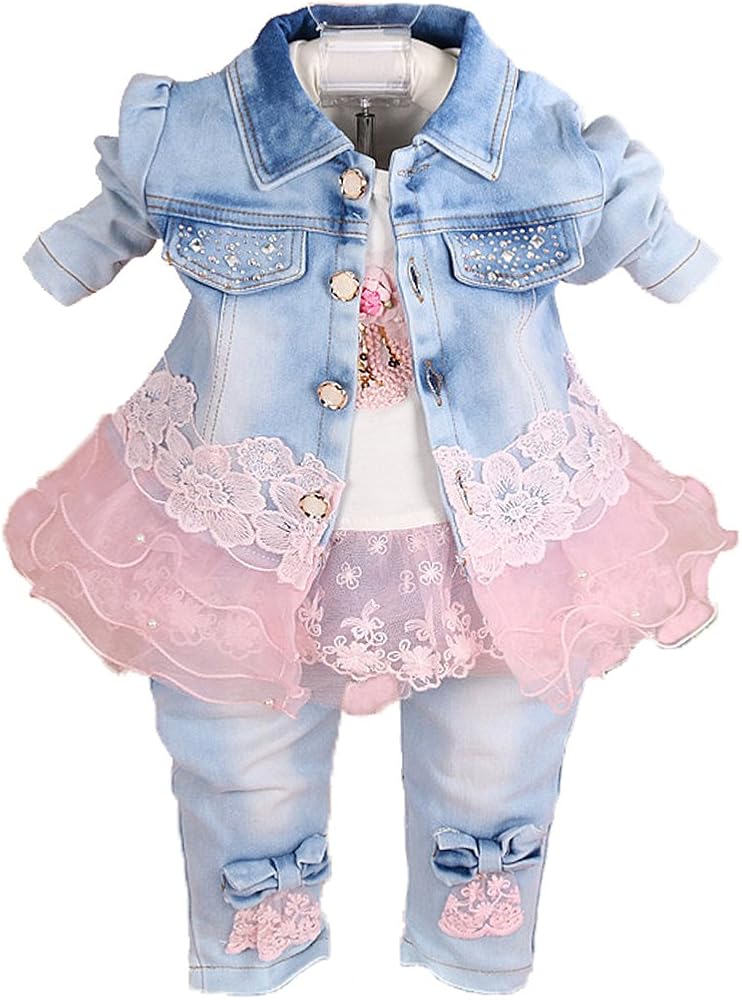 Yao Baby Girls Denim Clothing Sets 3 Pieces Sets T Shirt Denim Jacket and Jeans