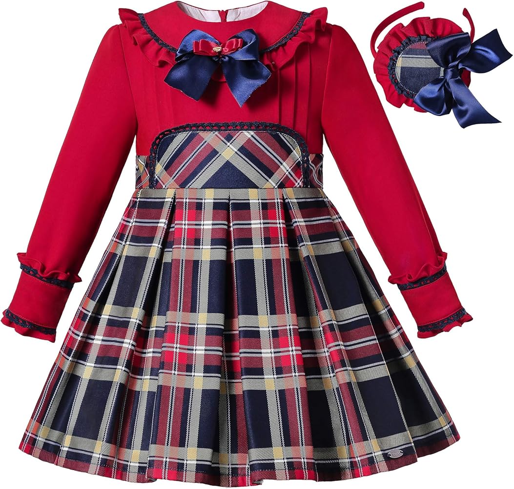 Pettigirl Girl Vintage Winter Red Plaid Christmas Long Sleeve Clothing Toddler Elegant Holiday Party Dress Outfit