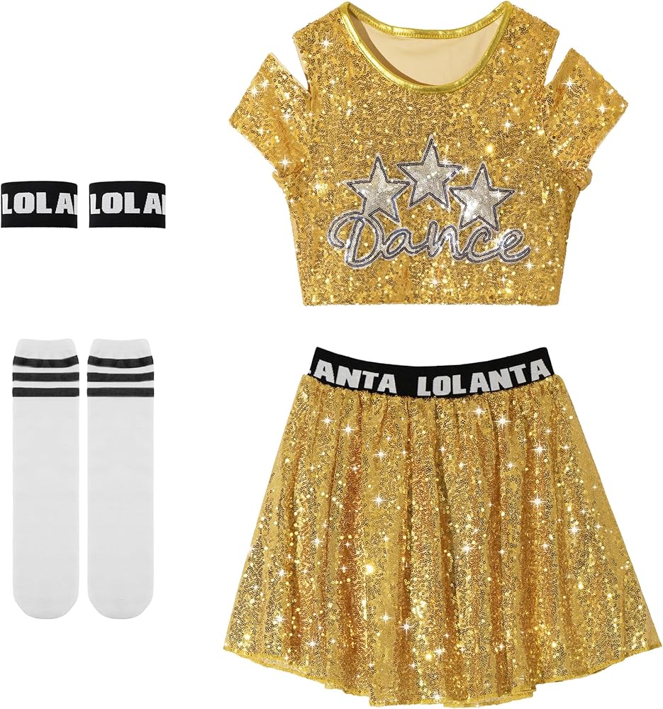 LOLANTA Girls Sequins Dance Outfits, Sparkly Jazz Latin Hip Hop Clothes, Crop Top with Skirt 5-12 Years