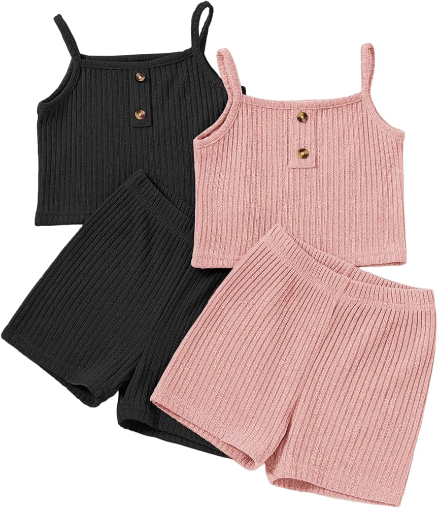 SOLY HUX Toddler Girl's Ribbed Knit Button Front Cami Crop Tops and Track Shorts 2 Sets Summer Outfit