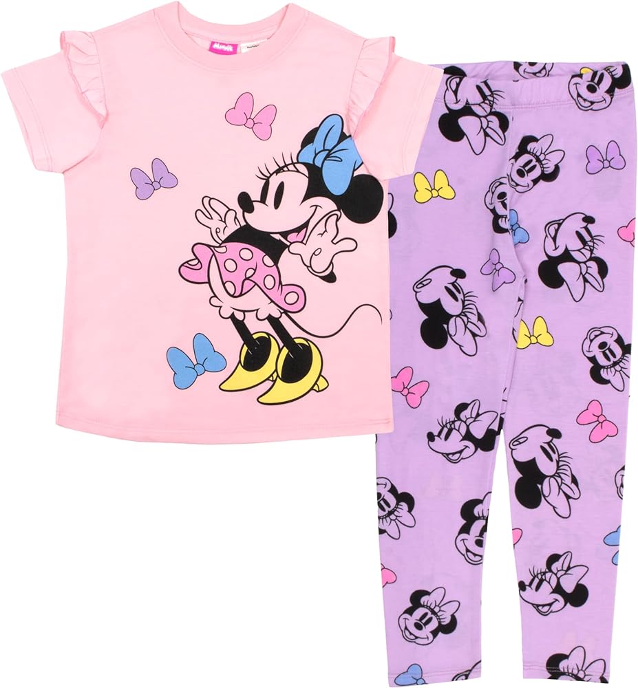 Disney Minnie Mouse, Lilo and Stitch Girls Short Sleeve T-Shirt & Leggings Pants Set, Tee & Leggings 2-Piece Bundle for Girls