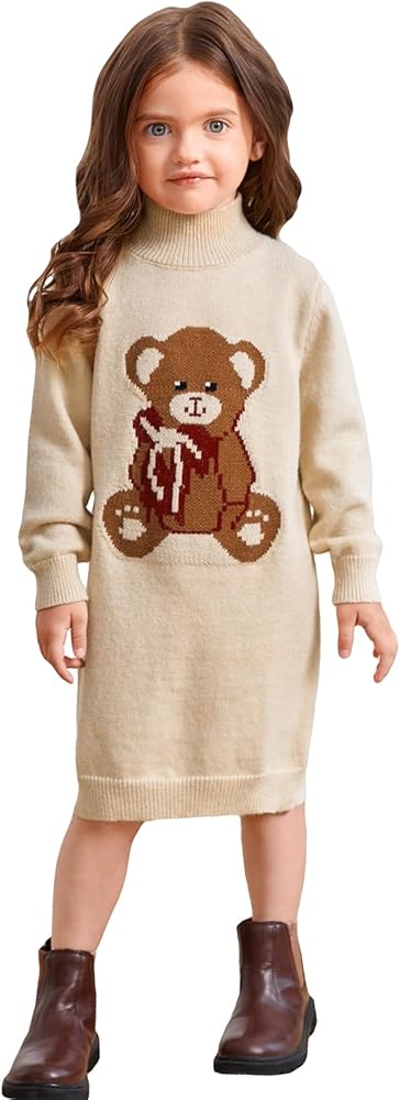 Verdusa Toddler Girl's High Neck Long Sleeve Bear Print Knitted Midi Sweater Dress