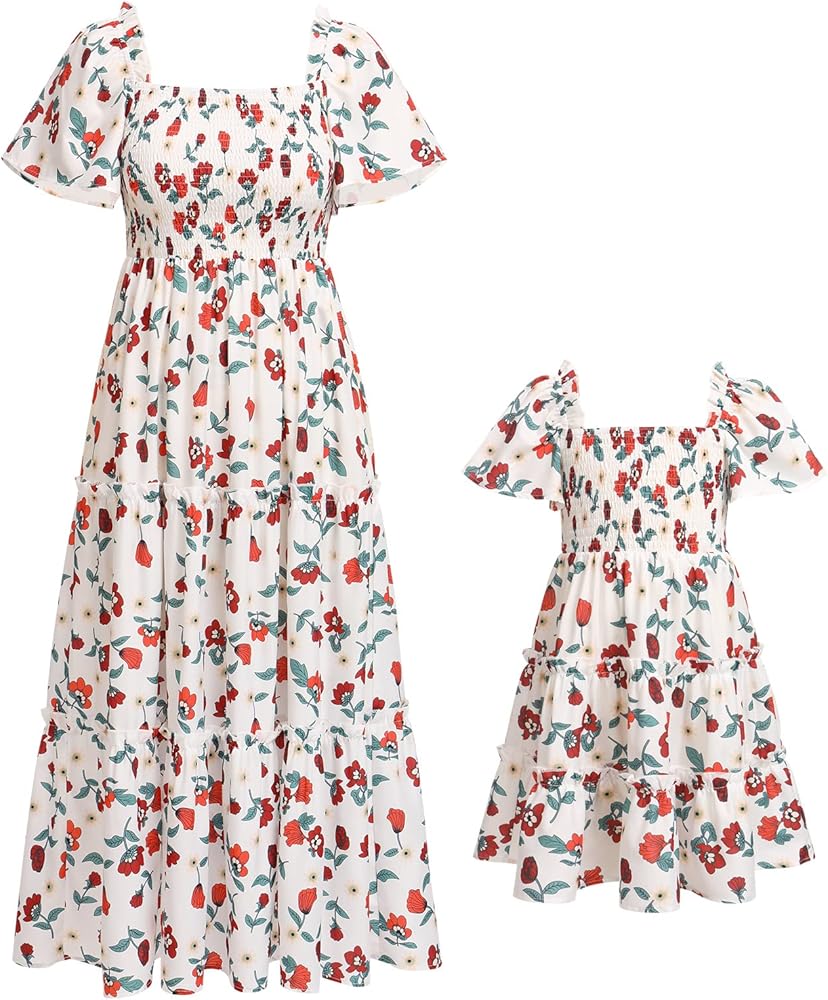 Mommy and Me Dress Summer Casual Boho Floral A-Line Ruffled Flowy Beach Hawaiian Vacation Maxi Dress