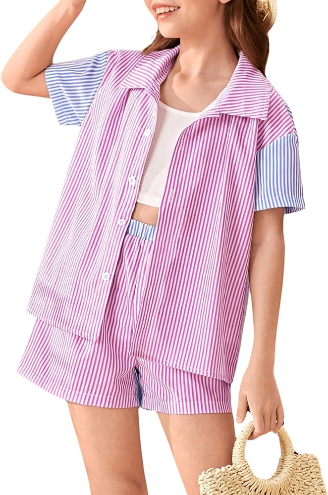 SweatyRocks Girl's 2 Piece Outfits Short Sleeve Button Striped Blouse and Shorts Clothing Set